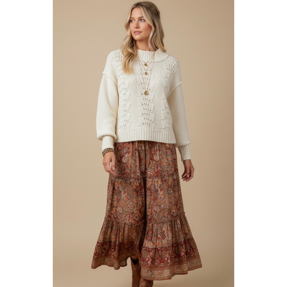 Free People Belle Song Size Small‎ Pointelle Knit Sweater Cream Ivory Boho